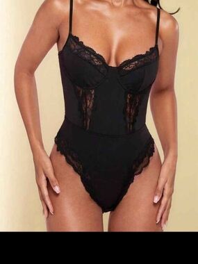 Black Lace Trim Satin Bodysuit New With Tags Size S-M